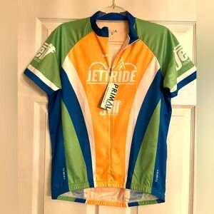 Primalwear Cycling Jersey Jettride Men/Womens Sz M 2018. sponsors Gold Pockets.